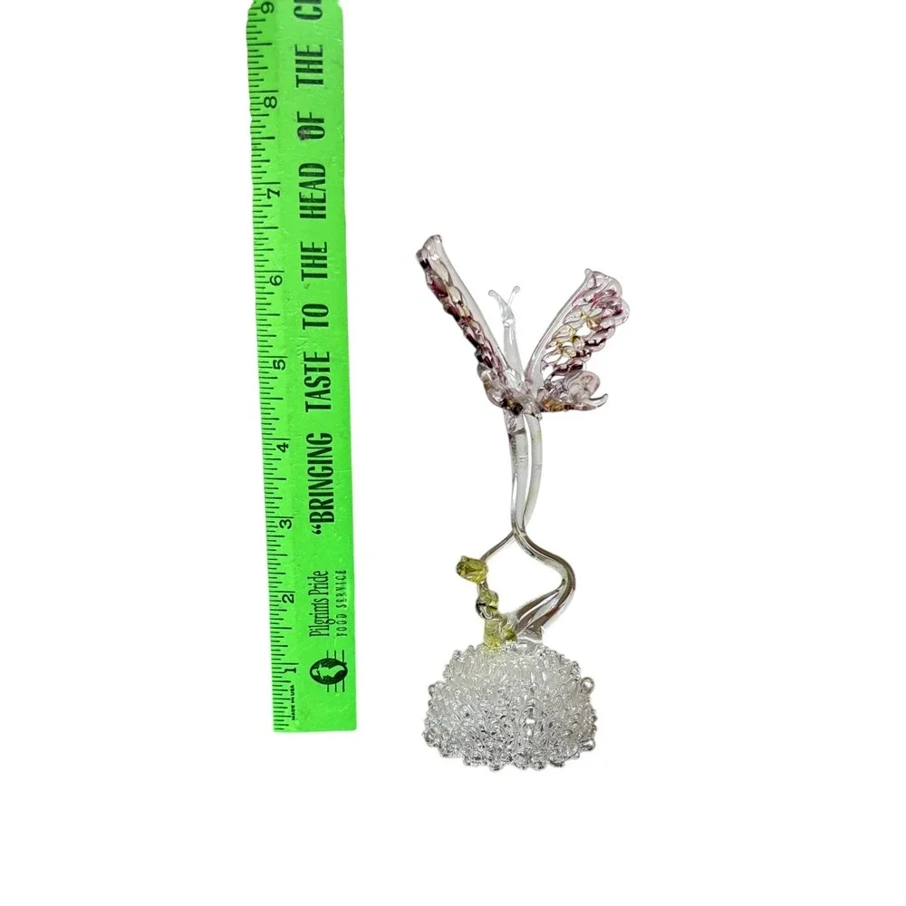 Hand Blown Art Glass Butterfly Figurine Spun Glass Base Pink Gold Accents 7in